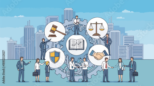 Business professionals with legal symbols
