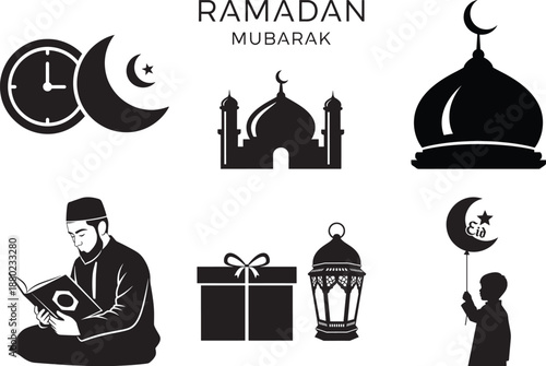 Ramadan Mubarak Icon Set featuring Muslim Man Reading Quran Mosque Domes Fasting Time Clock Gift Box Lantern and Child with Eid Balloon Silhouette