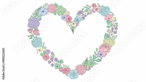 Cute Valentine's Day love illustration featuring flowers, hearts, and leaves in a heart shape, perfect for February 14th celebrations with isolated vector design elements.
