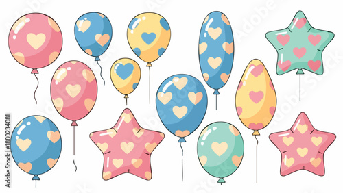 A cute vector illustration of balloons and stars with hearts, representing Valentine's Day love on February 14th, all elements isolated in a clean design.