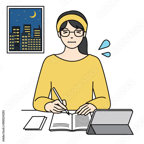 Stressed woman working late at night feeling pressure and sweat