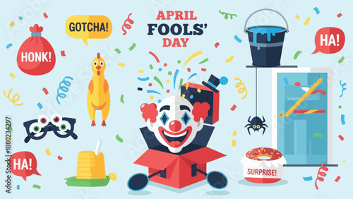 Colorful April Fools' Day illustration with cartoon clown