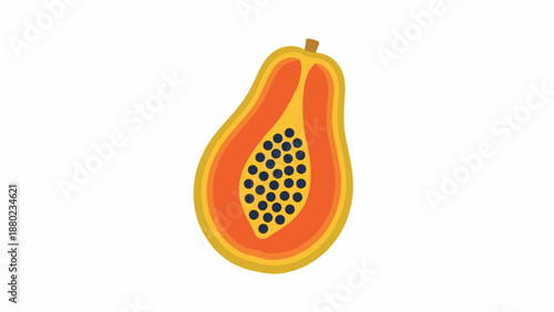A vibrant illustration of a halved papaya with seeds on a plain white background.