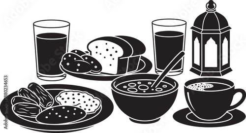 Traditional Iftar Food Table Silhouette with Dates Soup Bread Tea and Lantern for Ramadan Kareem and Islamic Fasting Celebration Greetings
