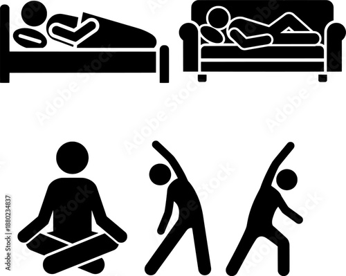 Healthy Lifestyle Icons with Meditation Stretching and Sleeping at Home