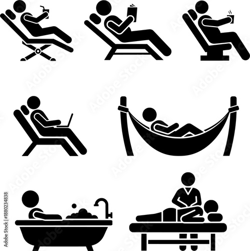 People Relaxing on Vacation with Massage Bathing and Lounging Icons