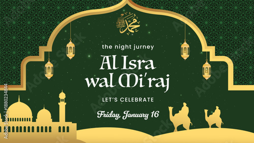 Al Isra wal Mi'raj Islamic Greeting Night Journey of Muhammad.Vector Illustration