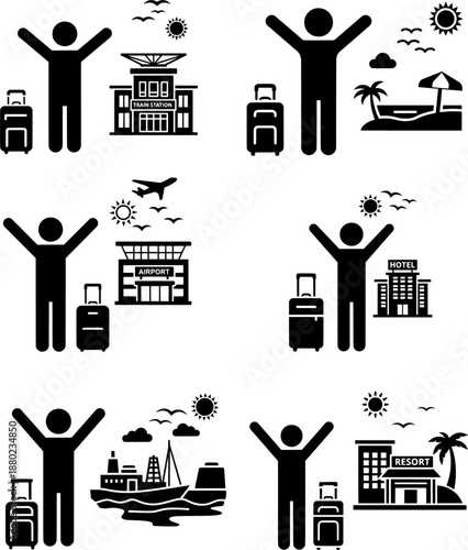 Tourist Arrival at Different Travel Hubs and Vacation Spots Icon Collection