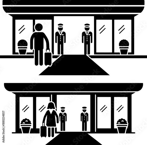 Luxury Hotel Entrance Service with Doorman and Guest Icon Set