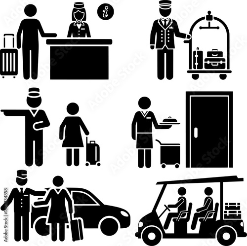 Hotel Hospitality and Concierge Service Icons Set with Staff and Guests