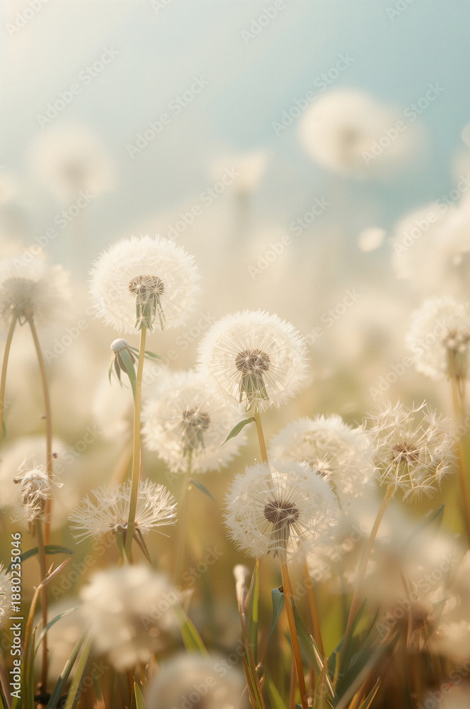 Obraz premium ポスター向け春の縦型背景 白いたんぽぽが広がる清潔感あるフラワー素材. 生成AI