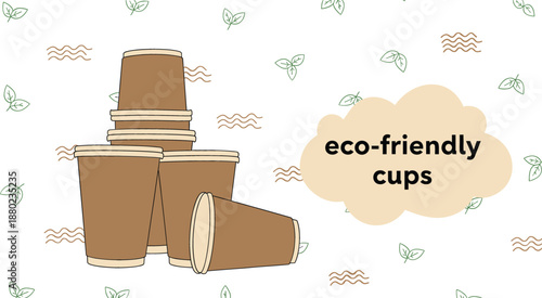 Eco friendly disposable brown paper coffee cups vector illustration with green leaves background for sustainable cafe branding and environmental conservation marketing concept design.