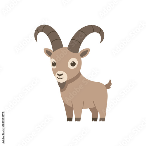 Cute flat vector illustration of a mountain goat with curved horns standing front-facing on isolated background, simple shapes, friendly wildlife character ideal for kids, education, and branding