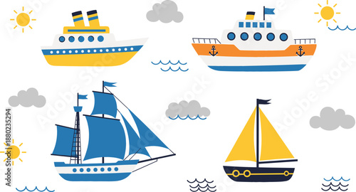 Nautical vector set featuring various ships and boats including cruise liner sailing ship and sailboat isolated on white background for marine design.