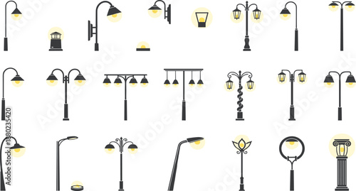 Collection of street lamps and outdoor lighting icons featuring vintage lanterns, modern lampposts, and classic garden light fixtures in vector format.