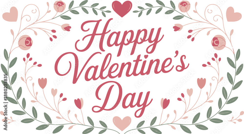 Obraz premium Happy Valentine's Day text surrounded by floral elements and hearts