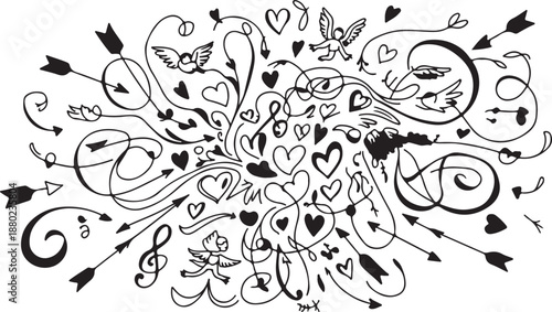 Valentine's Day romantic doodle with hearts arrows cupids and swirls
