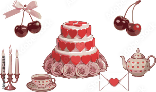 Valentine's Day celebration cake tea candles cherries envelope and roses