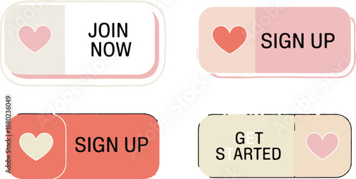 Collection of join now and sign up buttons with heart icons, user interface elements