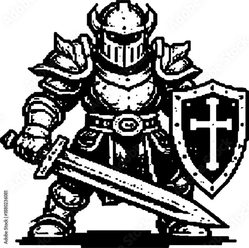 Medieval Knight Warrior Illustration, Crusader Armor with Sword and Shield, Line Art