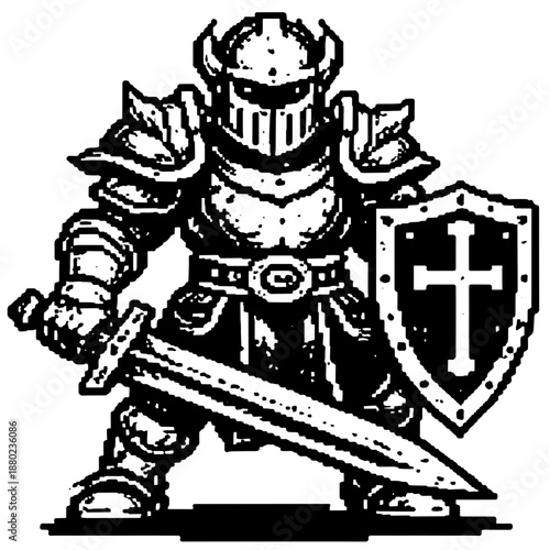 Medieval Knight Warrior Illustration, Crusader Armor with Sword and Shield, Line Art
