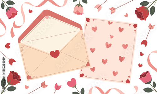 Valentine's day card with envelope and love letter, decorated with roses, hearts, and ribbons on checkered backdrop