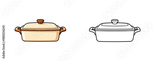 Casserole dish in cartoon style beige and white colors ceramic baking pan with lid and handles for cooking kitchenware on white background