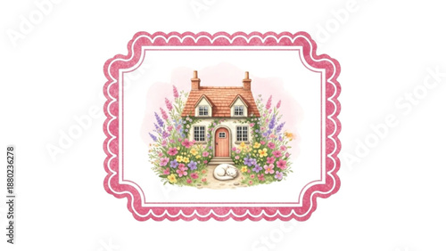 Watercolor Cottage House with Flower Garden in Pink Decorative Frame