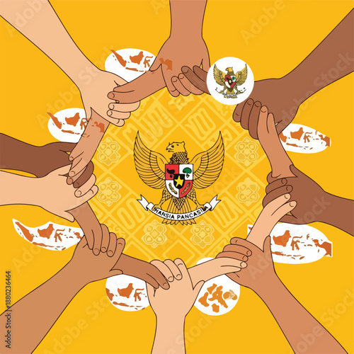 Diverse hands unite around a symbol