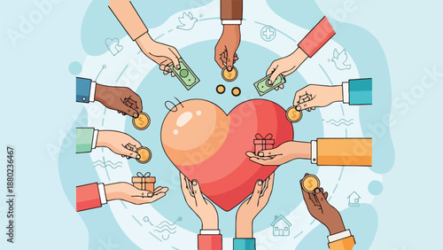 Diverse hands offering gifts and money to a heart