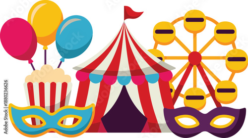 Circus carnival elements with balloons and ferris wheel at festive event with masquerade masks and popcorn