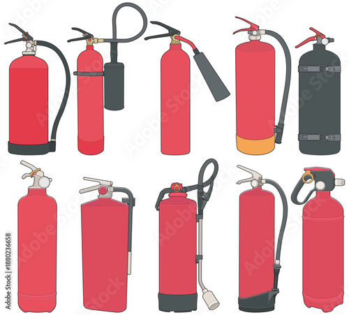 Fire extinguisher illustration bundle featuring multiple extinguisher designs in clean flat style. Suitable for fire safety training materials, emergency signage, industrial manuals, workplace safety.