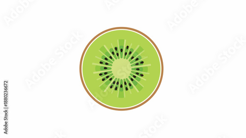 A close-up of a halved kiwi on a white background, showcasing its vibrant green color and black seeds.