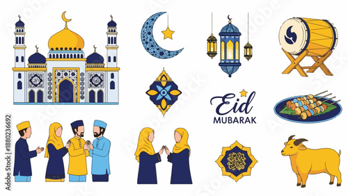 Eid celebration graphics with mosque, lanterns, and traditional food