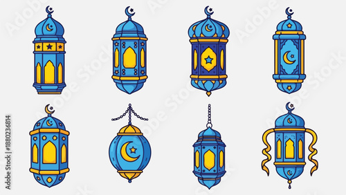 Eight blue and yellow lanterns