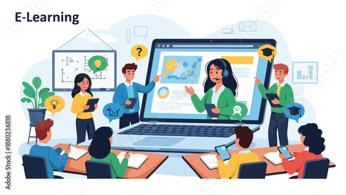 E-learning concept with people around a large computer