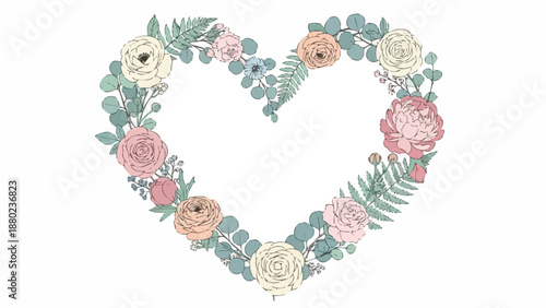 A cute love illustration heart-shaped floral arrangement for Valentine's Day on February 14th with isolated vector design elements.