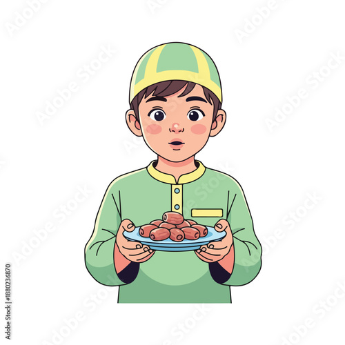 Adorable young Muslim boy wearing a traditional cap and attire, holding a plate filled with delicious dates, symbolizing Ramadan traditions and Islamic culture
