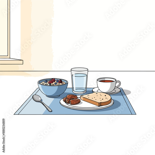 A healthy and balanced breakfast spread on a tray with a bowl of cereal, dates, toast, a glass of water, and a cup of tea
