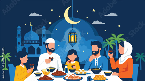 Family sharing a meal under a starry night