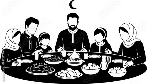 Muslim Family Gathering for Iftar Meal During Ramadan Kareem with Traditional Food Dates and Prayer Concepts in Silhouette Style