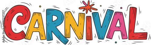 Colorful carnival lettering in whimsical hand drawn style with energetic swirl elements
