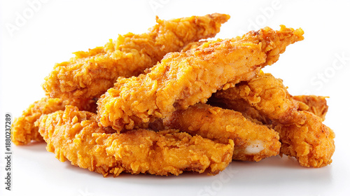 Crispy fried chicken tenders stacked on a white background