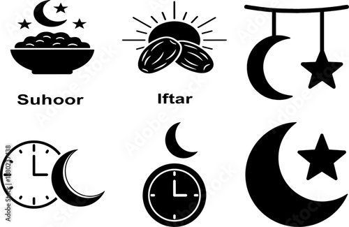 Islamic Ramadan Icon Set featuring Suhoor and Iftar Meals with Crescent Moon Stars and Fasting Time Clocks for Daily Prayer Schedule