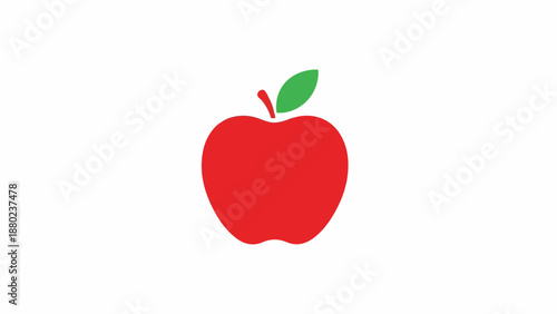 A single red apple with a green leaf on a white background, simple flat illustration.