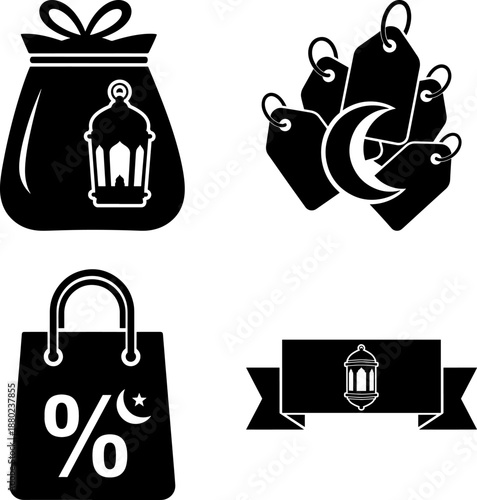 Islamic Sale Promotion Icon Set featuring Ramadan Gift Bags Price Tags with Crescent Moon and Discount Shopping Bag for Eid Festival Offers
