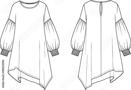 Fashion technical sketch of a women's long sleeve asymmetric hem swing dress with voluminous puff sleeves, front and back view apparel template