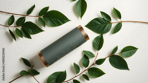 Elegant green water bottle with bronze accents, surrounded by lush green leaves on white background.
