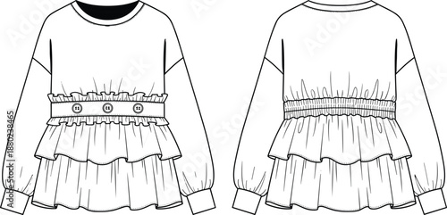 Fashion technical sketch of a women's long sleeve ruffled peplum blouse with buttoned waist detail, front and back view apparel flat template