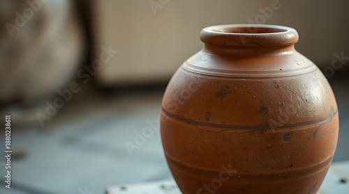 Rustic earthenware pot, traditional ceramic vessel, close-up studio shot